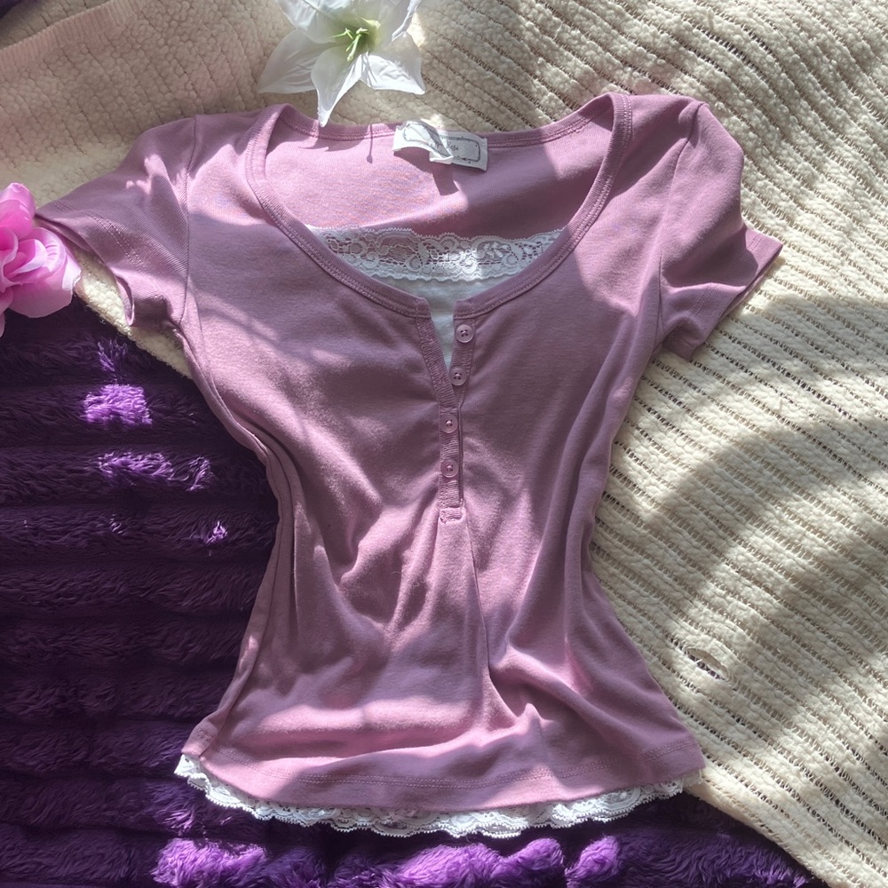 Y2K Pink Button-Up Top with Lace Trim
